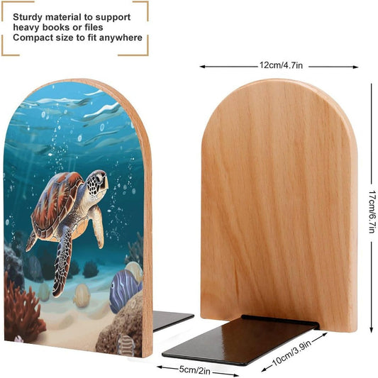 Sea Turtle Swimming Bookend for Shelves Wooden Book End Large Size Sturdy Book Holders Stoppers with Metal Base for Bookshelves Slick Decorative Bookends Stands