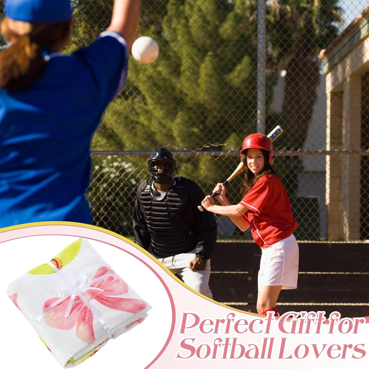 Softball Blanket 50''x60'', Coquette Pink Bow Soft Throw Blanket Softball Gifts for Girls Women Team Players Coach Unique Gifts for Sports Lovers
