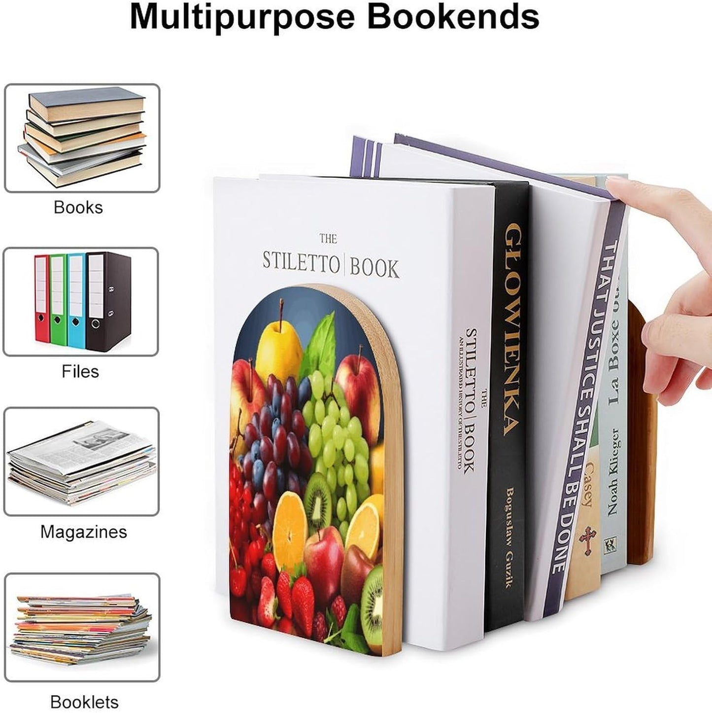 Fruits Bookend for Shelves Wooden Book End Large Size Sturdy Book Holders Stoppers with Metal Base for Bookshelves Slick Decorative Bookends Stands