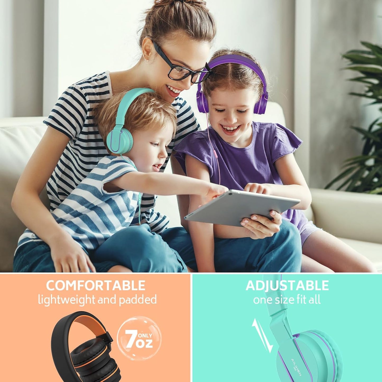 AILIHEN Kids Headphones Bulk 5-Pack for K-12 School Classroom, On-Ear Wired Headset with Microphone for Students Children with 93dB Volume Limited, 3.5mm Jack for Chromebooks Tablets Laptop Computer