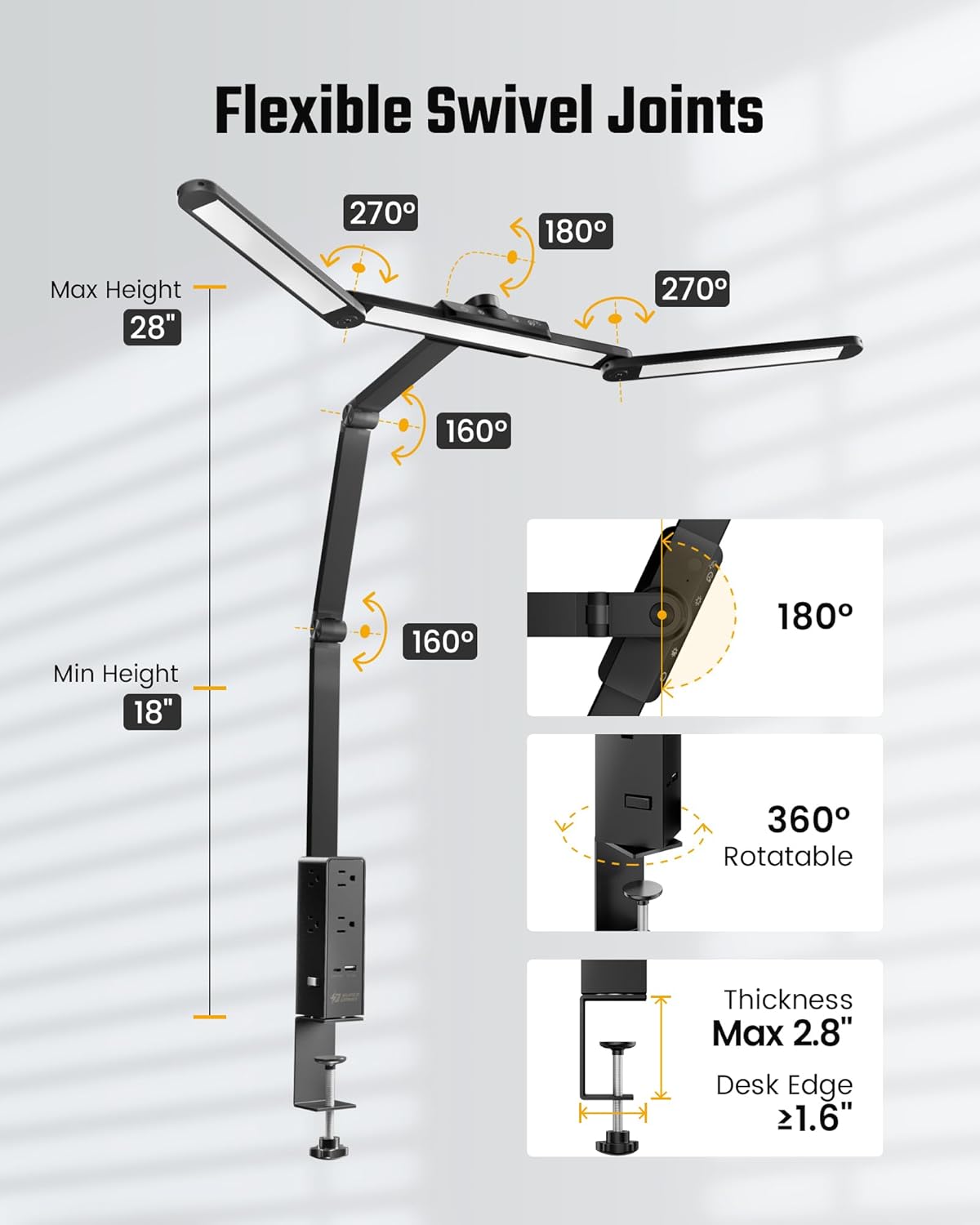 SUPERDANNY LED Desk Lamp with Power Strip (6 Outlets, 1 USB, 1 Type-C) for Home Office, Desk Light Computer Light with Clamp, Architect Desk Lamp with Smooth Dimming 5 Colors Touch & Wave Control