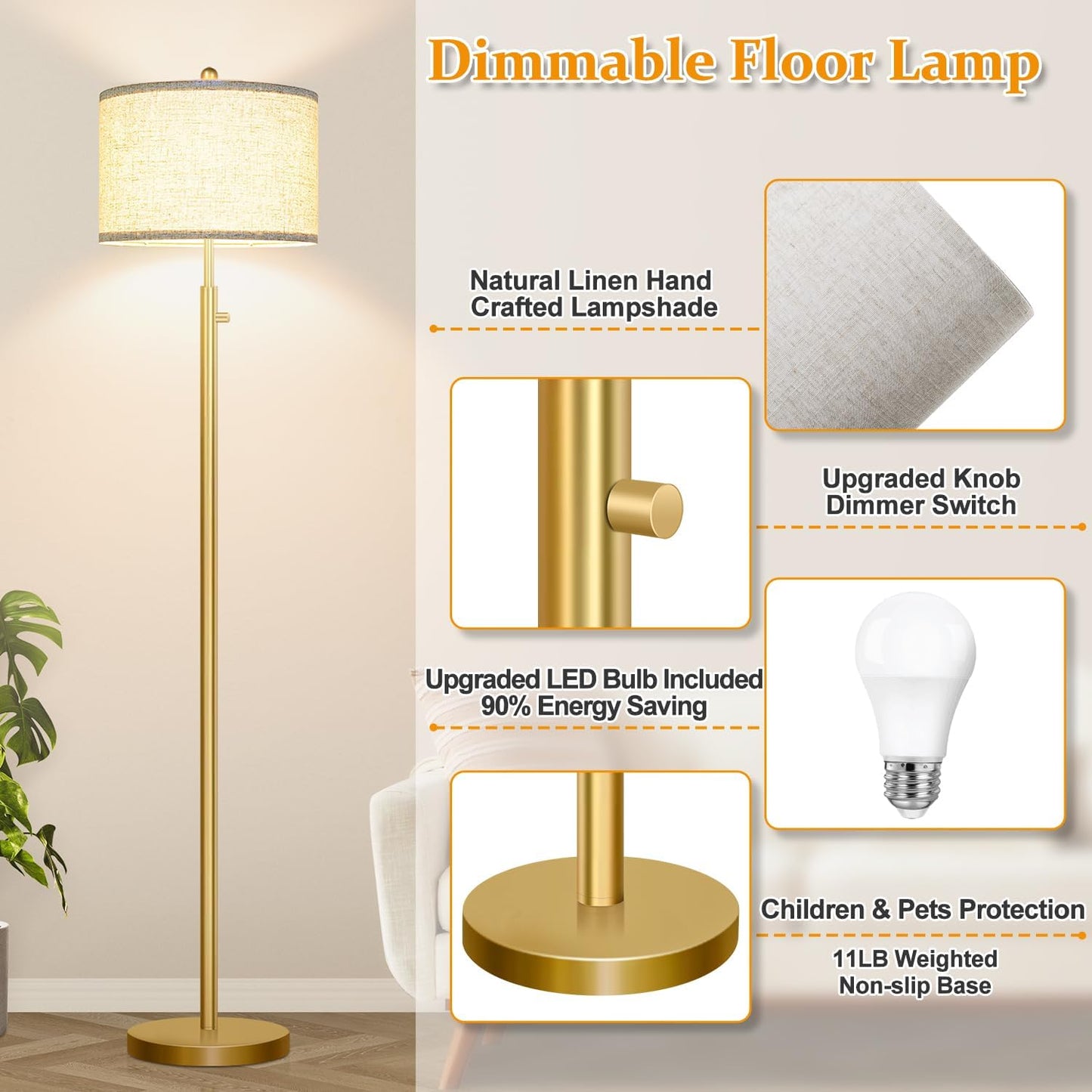 Nintiue 【Upgraded】 Dimmable Floor Lamp for Living Room, 11W LED Bulb Included, Modern Standing Lamp, Tall Pole Light with Linen Shade for Bedroom Reading Office Corner Nursery-Gold