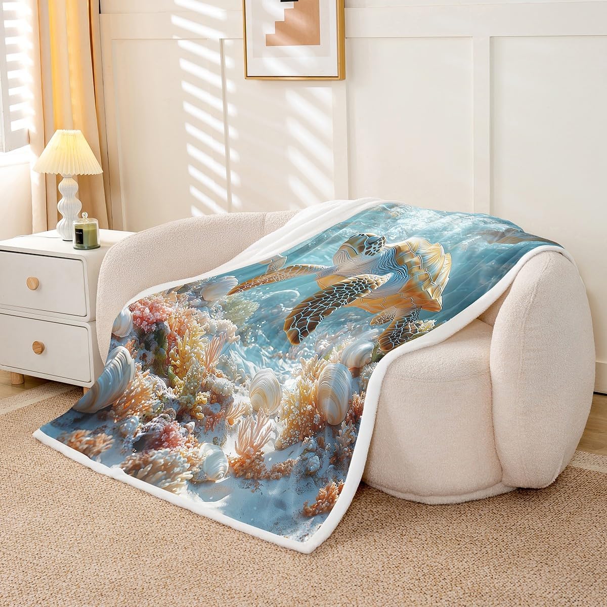 Erosebridal Sea Turtle Fleece Blanket Queen 90x90 Ocean Life Fuzzy Plush Throw for Sofa Tortoise Coral Sherpa Blanket Summer Hawaii Theme Pattern All Season
