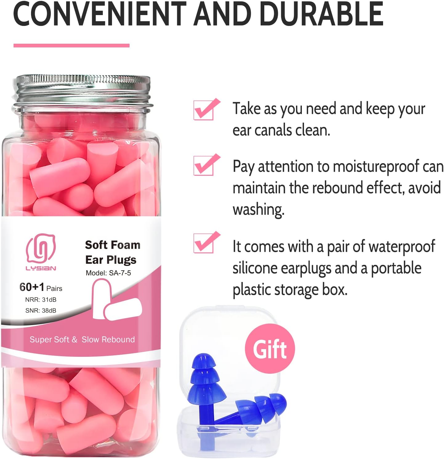 LYSIAN Ultra Soft Foam Ear Plugs for Sleep Noise Reduction -38dB Noise Cancelling Earplugs for Sleeping, Snoring, Shooting, Travel, Women-60 Pairs-Pink Color