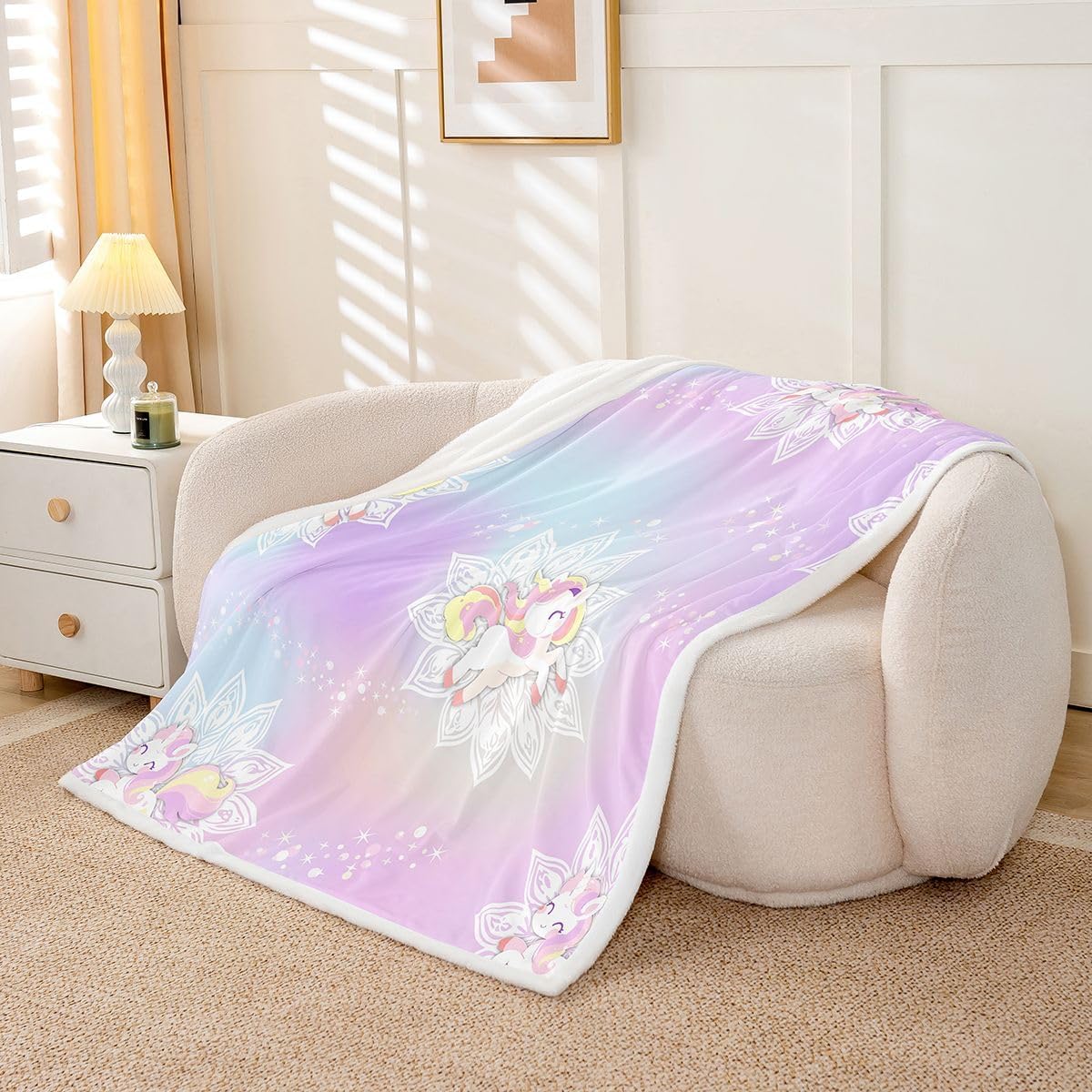 Rainbow Unicorn Fleece Blanket Twin Size for Girls Women, Pink Girly Glitter Plush Bed Blanket Sparkle Galaxy Twinkle Throw Blanket, Boho Rainbow Mandala Flower Flannel Blanket Ombre Room Decor