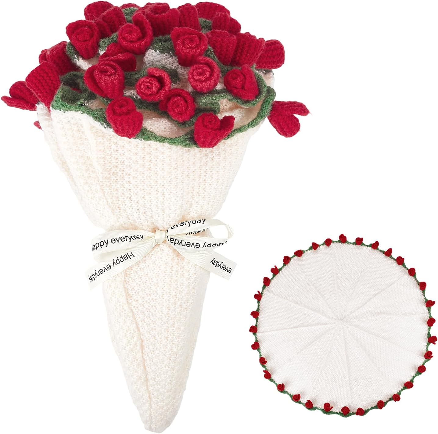 AHANDMAKER 1Pc Handmade Roses Flower Bouquet Blanket Red Roses Knitted Throw 29.9in Round Blanket for Valentine's Day Home Decor Christmas Wedding for Mom Women
