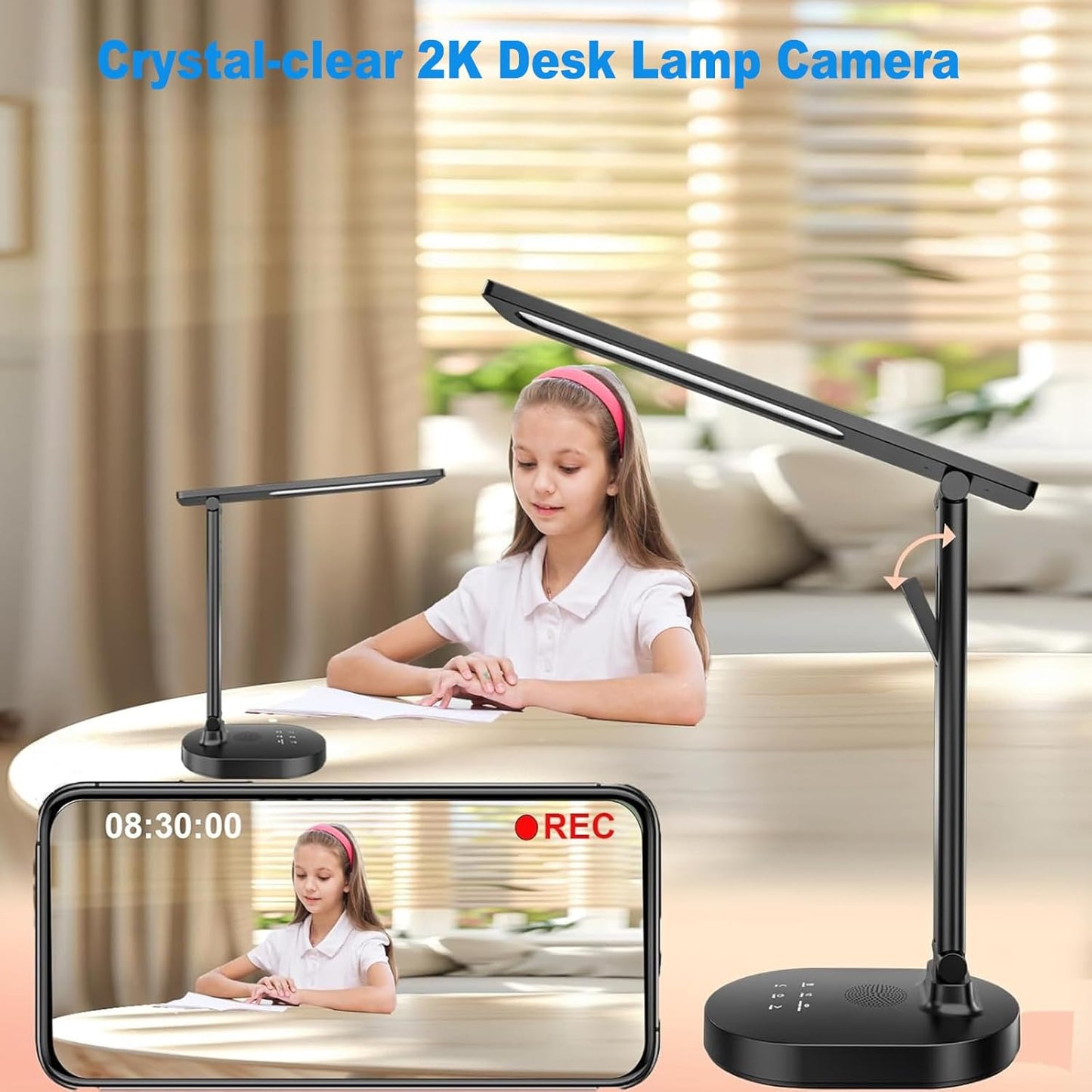 Smart WiFi Baby Monitor with Camera, Eye-Care Desk Lamp with 5 Brightness, Baby Monitors 2k HD, 2-Way Talk, 2.4 GHz Motion Detection Indoor Camera for Baby/Elderly/Pet