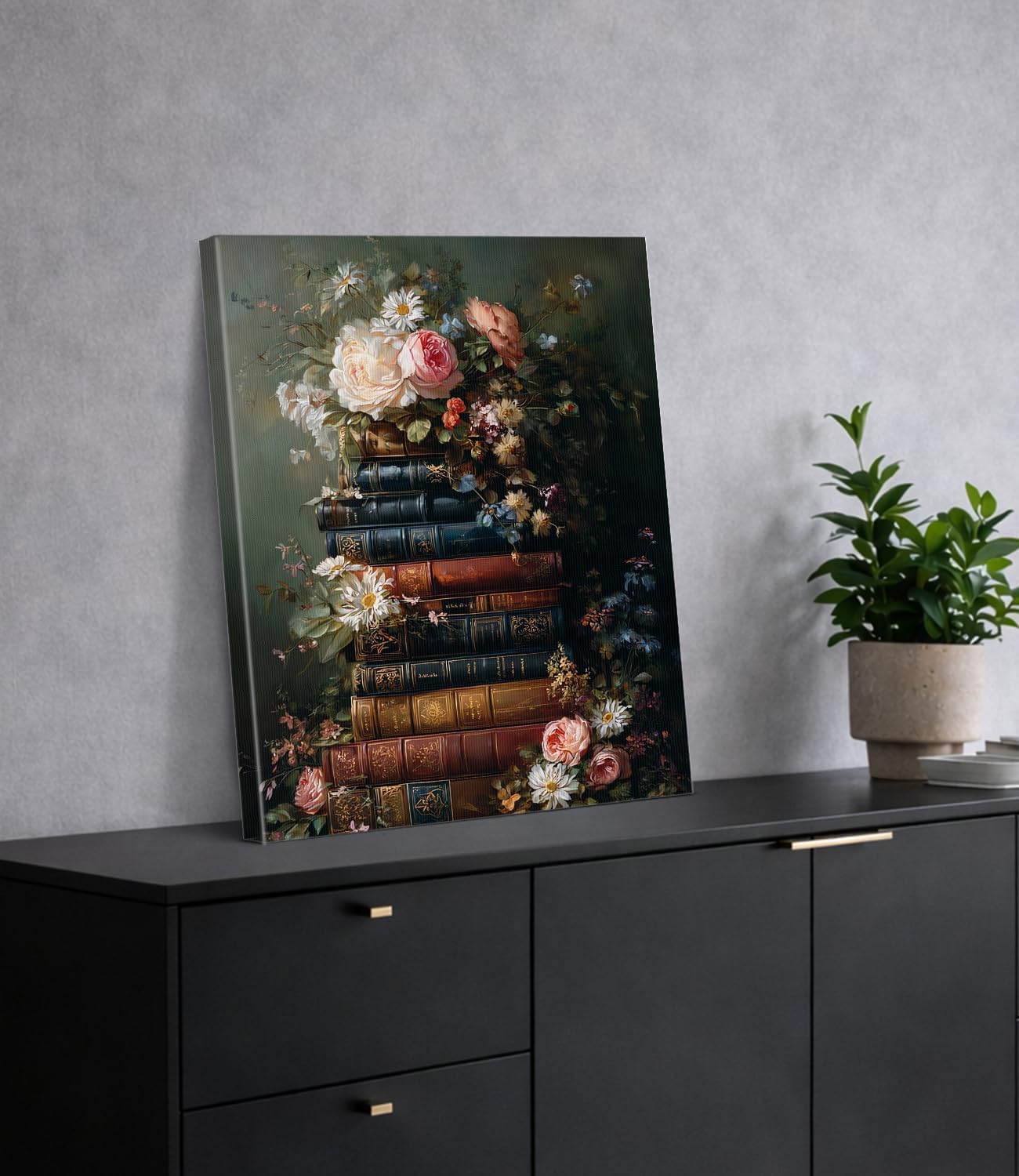 Gothic Floral Books Wall Art Print - Vintage Book Flowers Canvas Poster Painting - Dark Academia Wall Decor for Home Reading Nook Library 8x10 Inch Framed