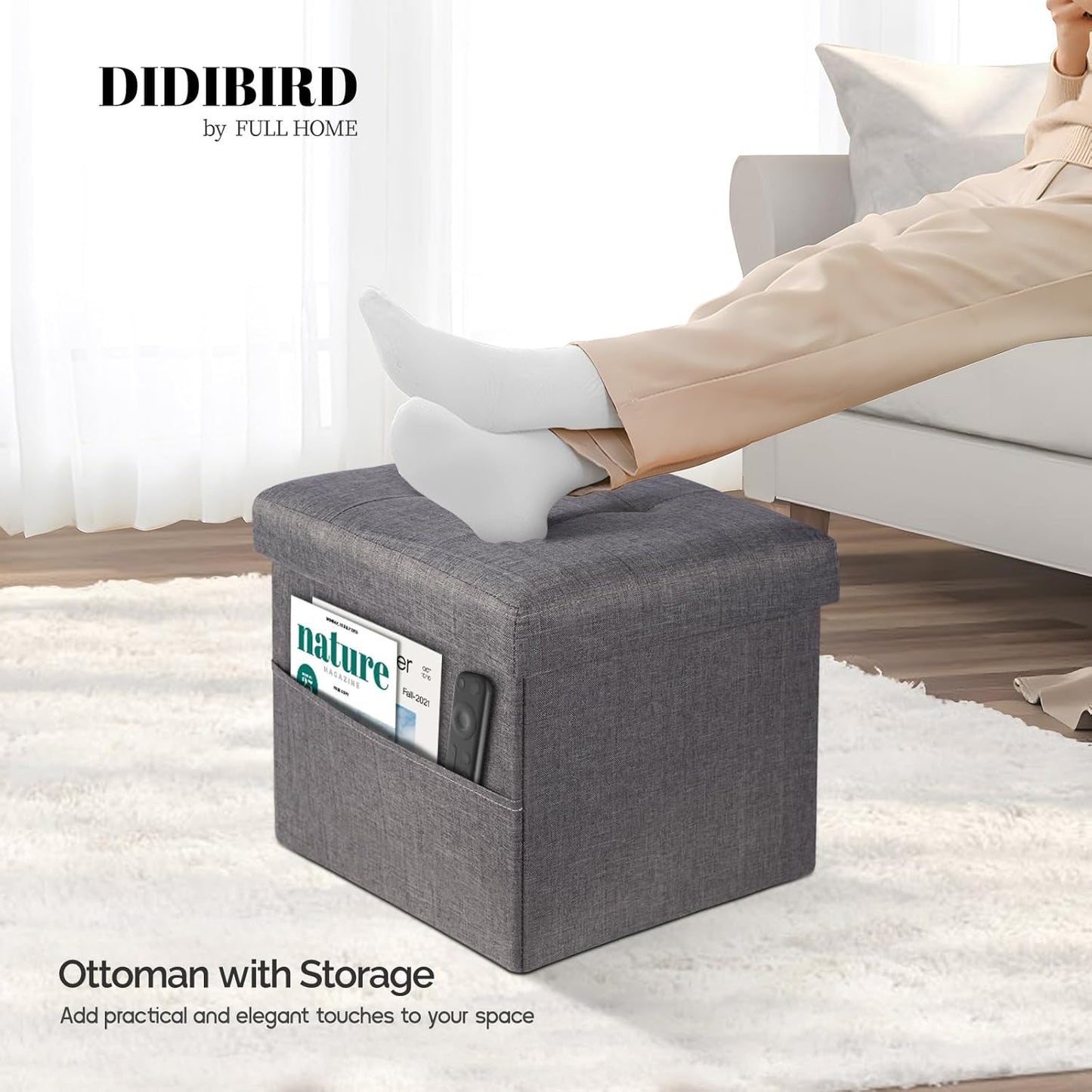 Storage Ottoman,Folding Ottomans with Storage,Linen Ottoman Foot Rest with Pocket,Foot Stool with Thicker Foam Padded for Living Room,Bedroom,Office,Dorm,287 lb Load Capacity,17x13x13in,Grey