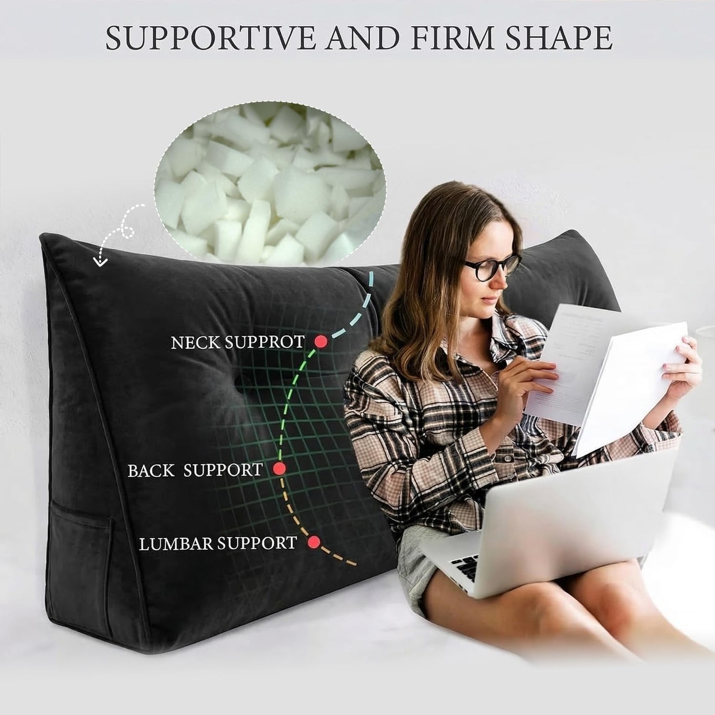 Headboard Pillow - 3 in 1 Large Bed Pillow as Wedge Reading Pillow, Large Couch Daybed Pillow or Positioning Support Backrest, Shredded Foam Back Support Pillow with Velvet Cover Twin Gloss