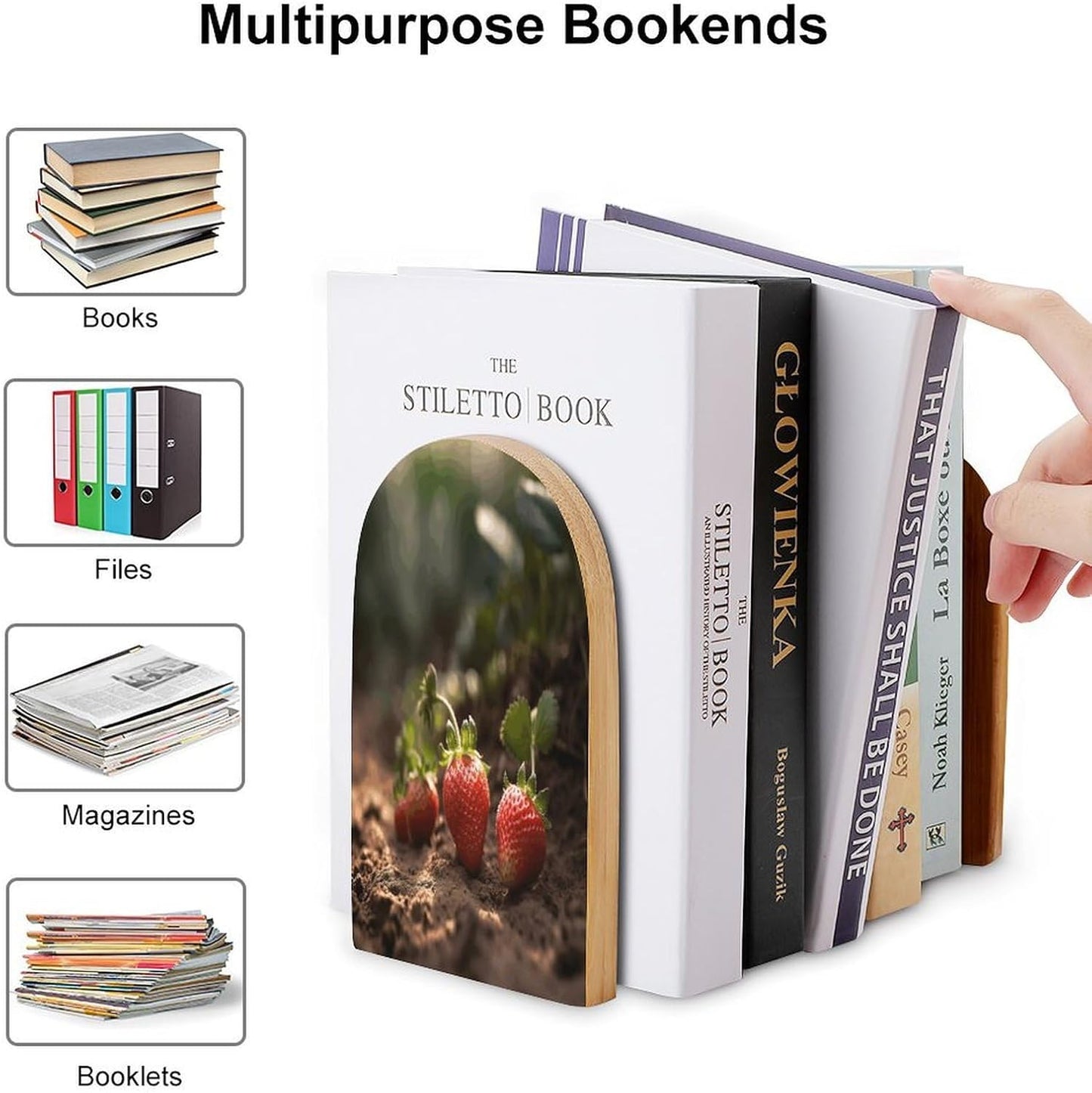 Strawberries in The Soil Bookend for Shelves Wooden Book End Large Size Sturdy Book Holders Stoppers with Metal Base for Bookshelves Slick Decorative Bookends Stands