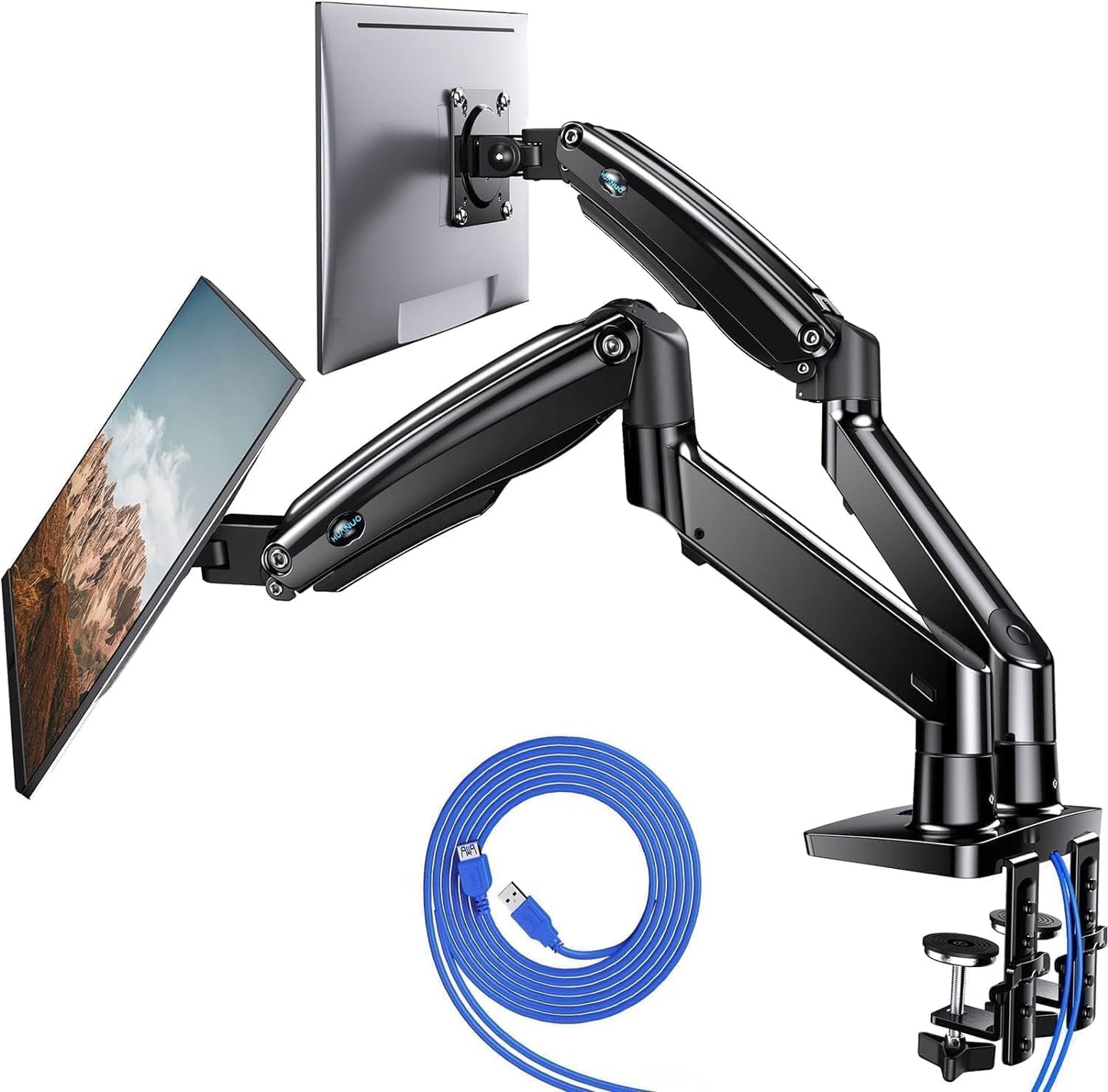 HUANUO Dual Monitor Stand for 13″–40″, Premium Dual Monitor Mount with USB, Height Adjustable Monitor Stand for 2 Monitors, VESA Mount with Clamp/Grommet Base, Holds 26.4lbs per Arm, HNDS7