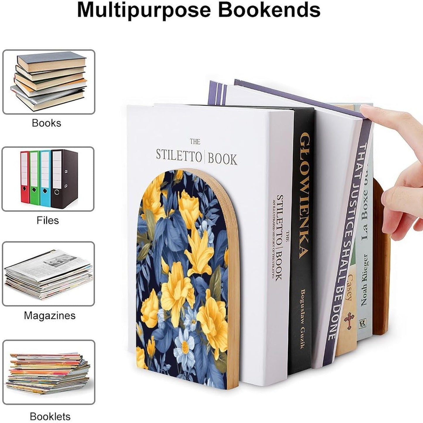 Blue Base Yellow Floral Bookend for Shelves Wooden Book End Large Size Sturdy Book Holders Stoppers with Metal Base for Bookshelves Slick Decorative Bookends Stands
