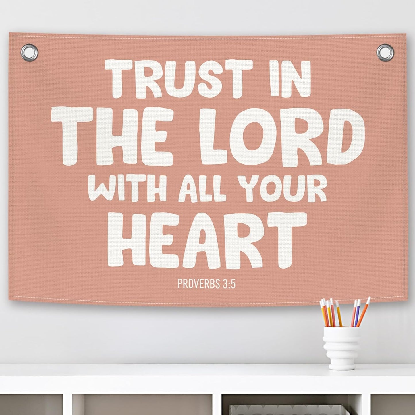 Christian Kids Banner Canvas, Scripture Trust in The Lord Toddler Room Decor, Positive Bible Verse Hanging Flag Sign, Nursery Boho Wall Tapestry Art for Playroom Bedroom Classroom 20x30in