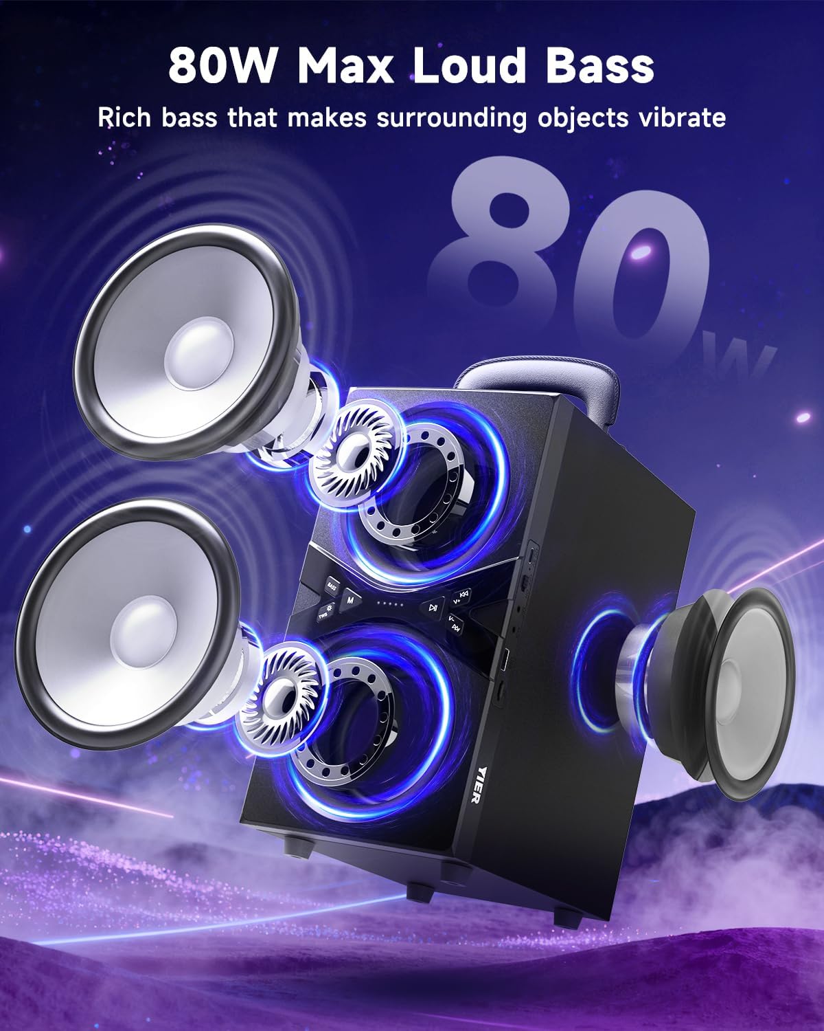 Party Bluetooth Speaker:80W Peak Large Stereo Sound for Outdoor,Deep Bass,TWS,Loud with Lights,Portabe Wireless Big Speakers with Long Playtime,House,Projector,Movie