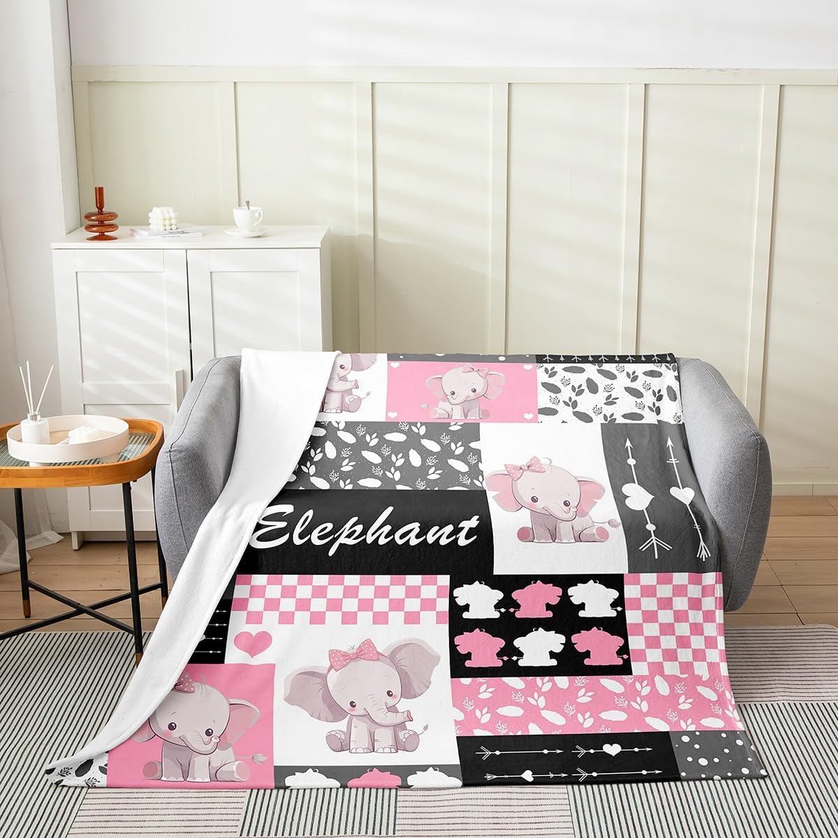 Cute Elephant Flannel Fleece Blanket,Lovely Animal Pink Bowknots Cartoon Soft Blanket for Bed Sofa Couch,Pink Gray Black Plaids Grids Patchwork Bed Blanket for Bedroom Decor,Twin 60"x80"