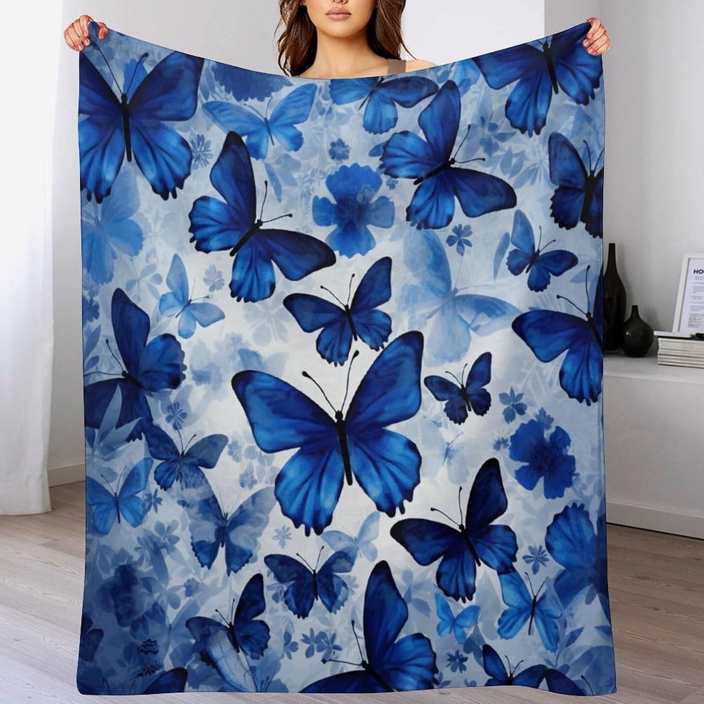 Blue Butterflies Blanket Chunky Fluffy Fuzzy Bed Blankets Cozy Soft Warm Winter Blankets Anti-Pilling Flannel Throw Blanket for Couch Living Room Bedroom Multiple Size