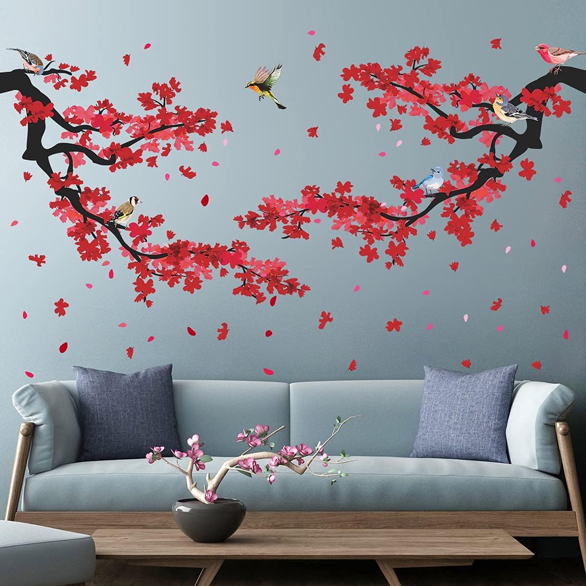 3D Red Plum Branch Wall Sticker Creative Flower Birds Frolic Pastoral Style Wall Decals Removable Peel and Stick for Kids Girls Bedroom Living Room Office TV Background Classroom Art Wall Decor (A)