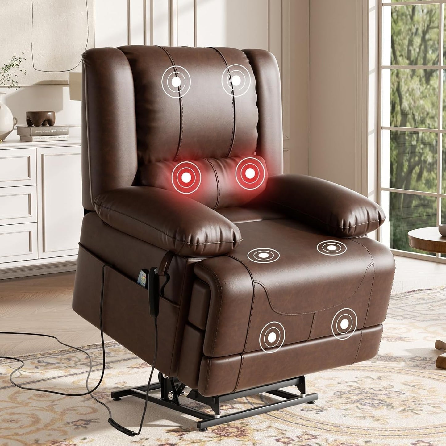 Dual Motor Power Lift Recliner Chair for Elderly, Infinite Position Sofa with Heat and Massage, Breathable Leather High Back Armchair with USB Port & Remote Control, Brown