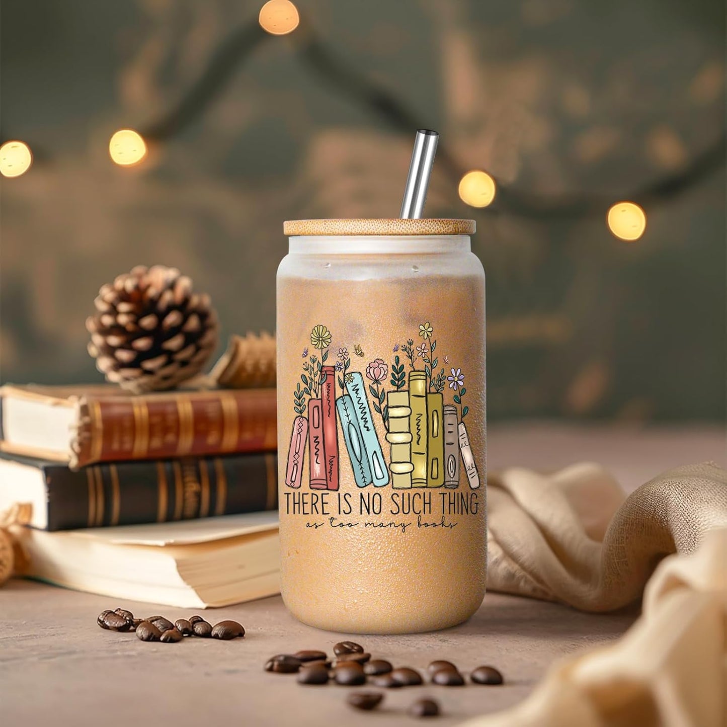 LEADO 16 oz Cute Glass Cups with Lids and Straws - Book Lovers Gifts - Bookish Present, Birthday, Mothers Day Gifts for Book Lovers Women, Readers, Bookworm, Girl - Coffee Tumbler, Reading Accessories