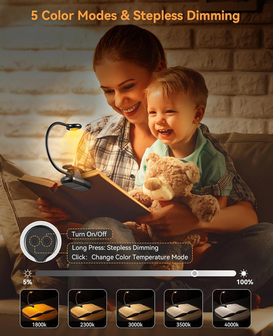 Rechargeable Book Light for Reading at Night, Reading Light with 1200 mAh Battery, Stepless Dimmable Reading Lights for Books in Bed, Portable Clip Book Lights with Case