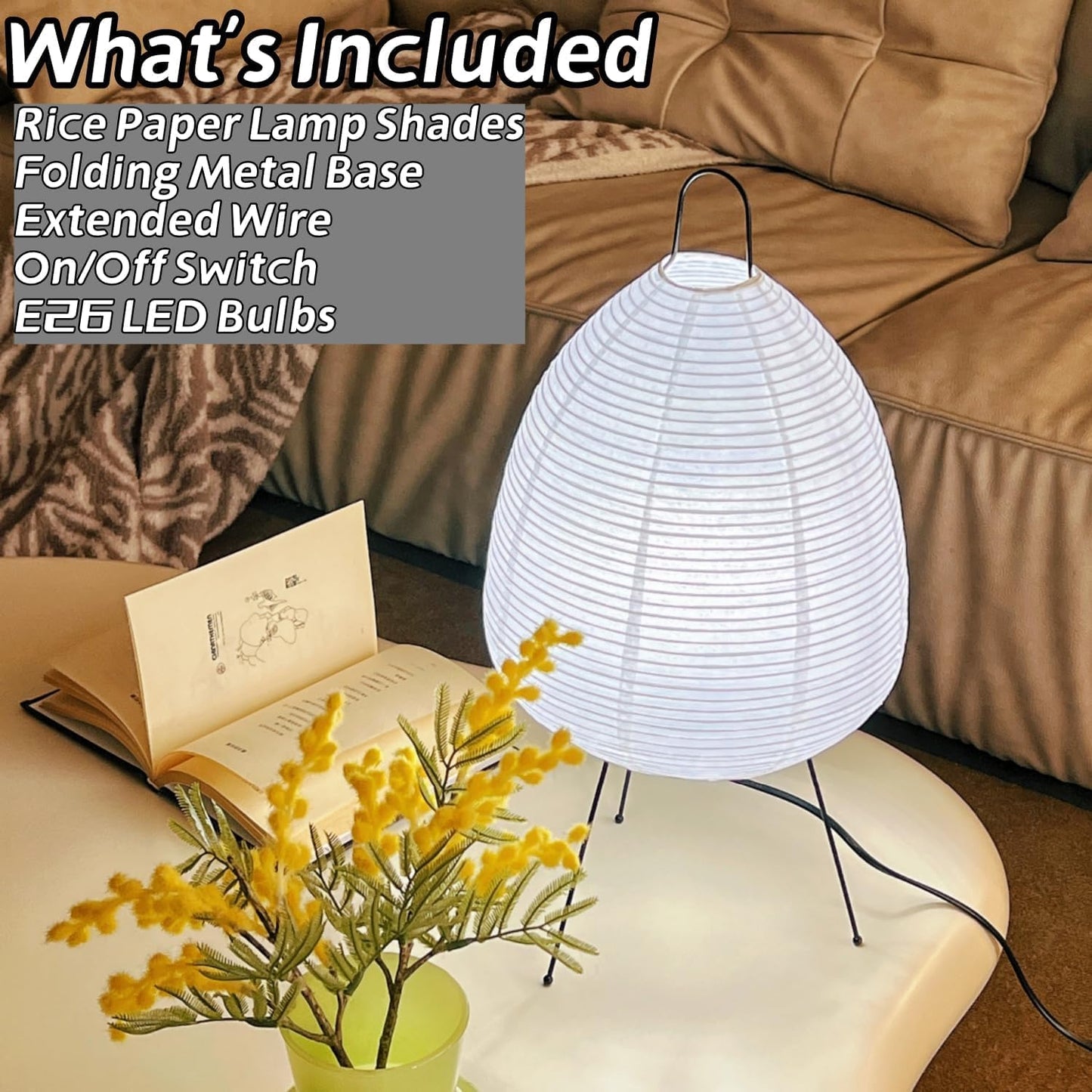 Rice Paper Lamp, Japanese Paper Lantern for Bedroom/Table/Office Soft Light, Noguchi Lamp for Wabi-Sabi Decor, Paper Table Lamp with Bulb