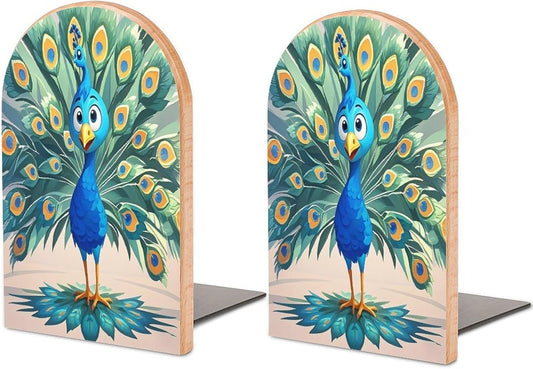 Cartoon Blue Peacock Bookends 1 Pair Heavy Duty Book Ends for Shelves Non-Skid Bookend Supports Wooden Book Holders with Metal Base Desk Organizers Books Storage to Hold Books