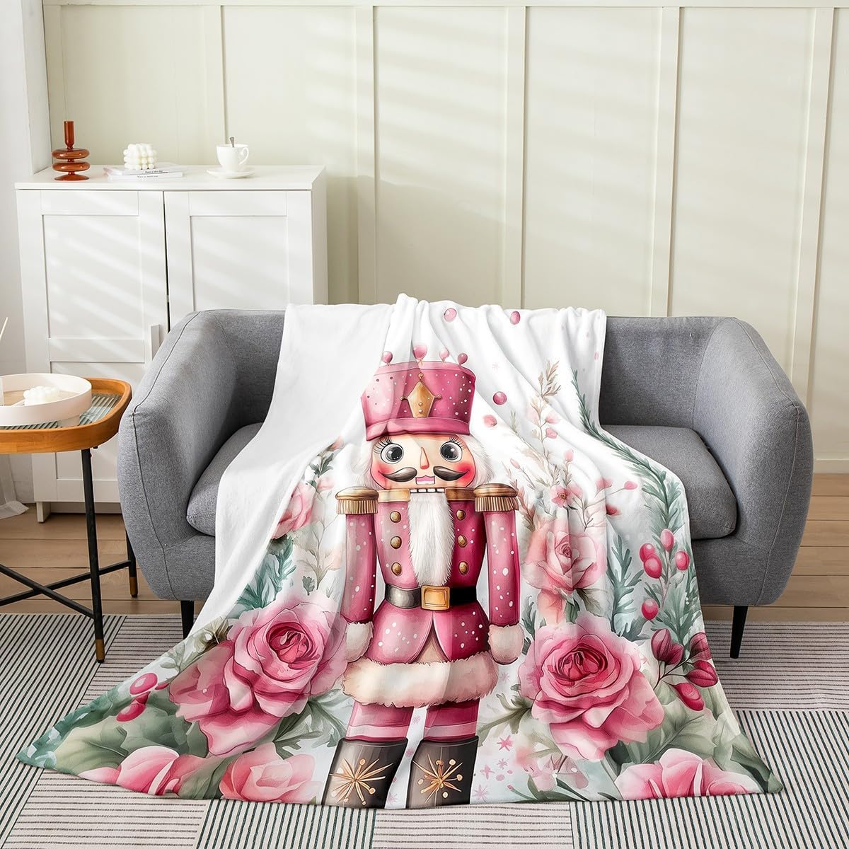 Nutcracker Soldier Flannel Blanket,Pink Rose Flower Blankets for Kids Girls Boys Teens Room Decor,Christmas Theme Fleece Blanket Cartoon Fairy Tale Fuzzy Blanket,for Chair/Sofa,40"×50"