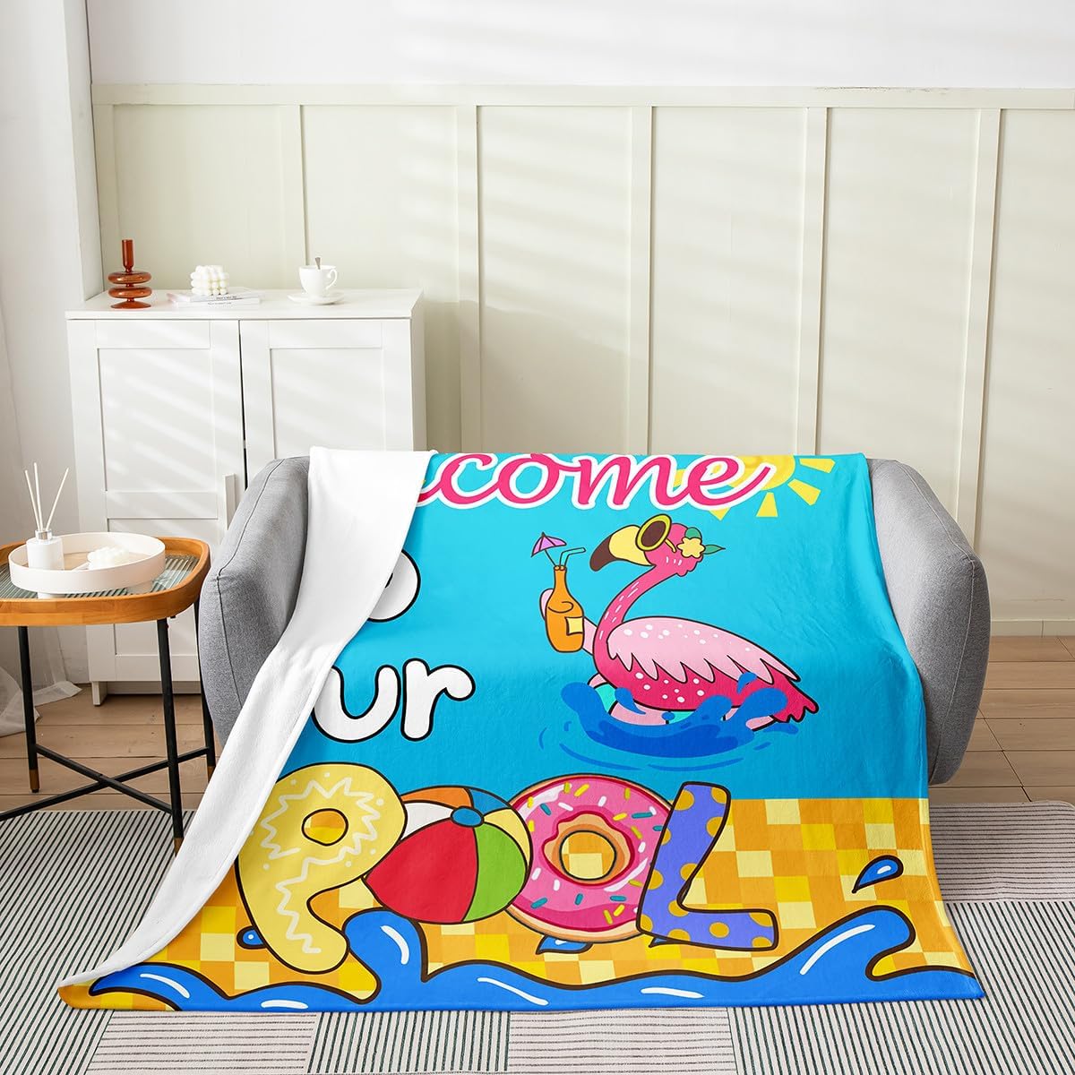 Hawaii Summer Flannel Blanket,Cartoon Flamingo Tropical Animal Swimming Pool Throw Blanket,Geometric Grids Cozy Throws for Bed Couch Sofa,Blue Soft and Breathable,Throw Size (50 x 60 Inches)