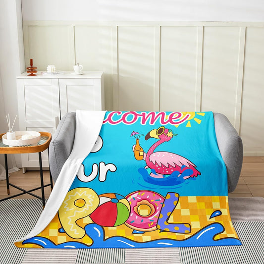 Hawaii Summer Flannel Blanket,Cartoon Flamingo Tropical Animal Swimming Pool Throw Blanket,Geometric Grids Cozy Throws for Bed Couch Sofa,Blue Soft and Breathable,Throw Size (50 x 60 Inches)