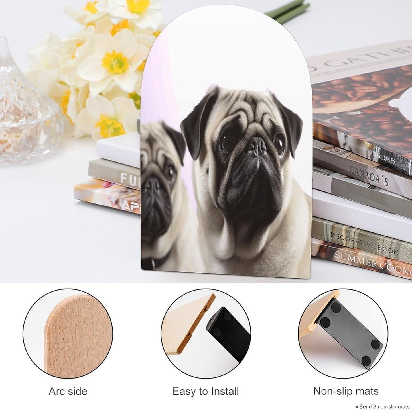 Pug Dog Bookend for Shelves Wooden Book End Large Size Sturdy Book Holders Stoppers with Metal Base for Bookshelves Slick Decorative Bookends Stands