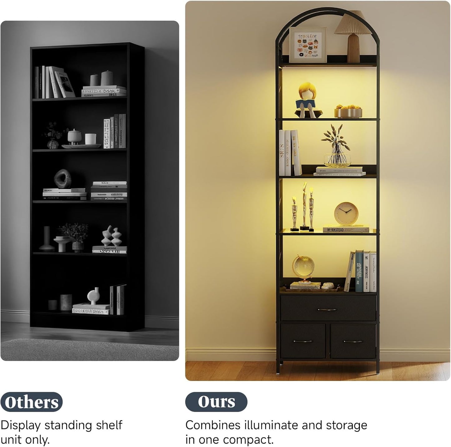 Tall Narrow Bookshelf with 3 Drawers, Arched Bookcase with 4 Legs, 84 inches 5 Tier Skinny Book Shelves with LED Lignts for Living Room, Office, Black