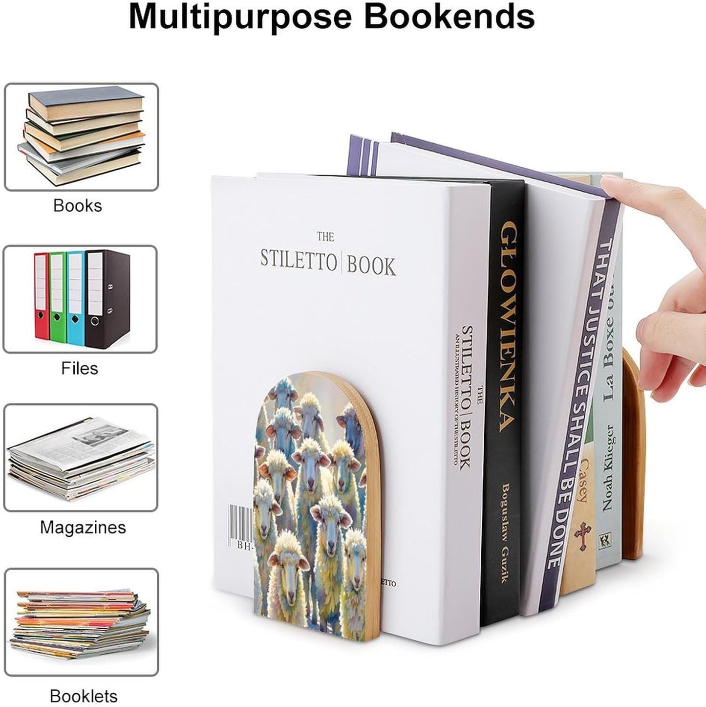 Watercolor Sheeps Bookends 1 Pair Heavy Duty Book Ends for Shelves Non-Skid Bookend Supports Wooden Book Holders with Metal Base Desk Organizers Books Storage to Hold Books
