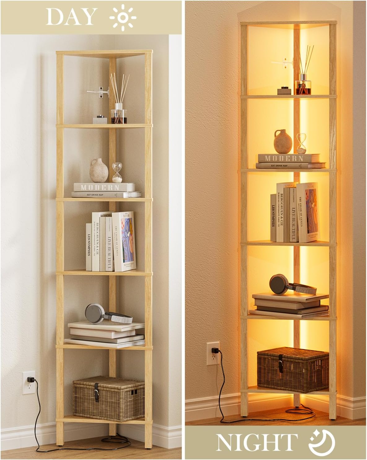 Corner Shelf with LED Light, 6-Tier Corner Bookshelf, Narrow Display Shelf with Storage Rack,Wood Corner Book Shelf for Living Room, Bedroom, Office, Oak
