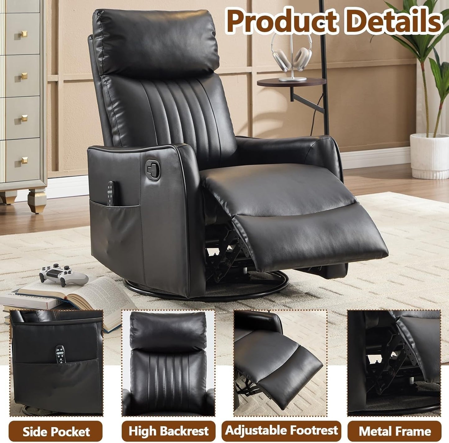 Massage Recliner Chair with Heat Adults Adjustable Footrest High Back Swivel Rocking Recliners Chairs for Small Spaces Living Room Bedroom Meeting