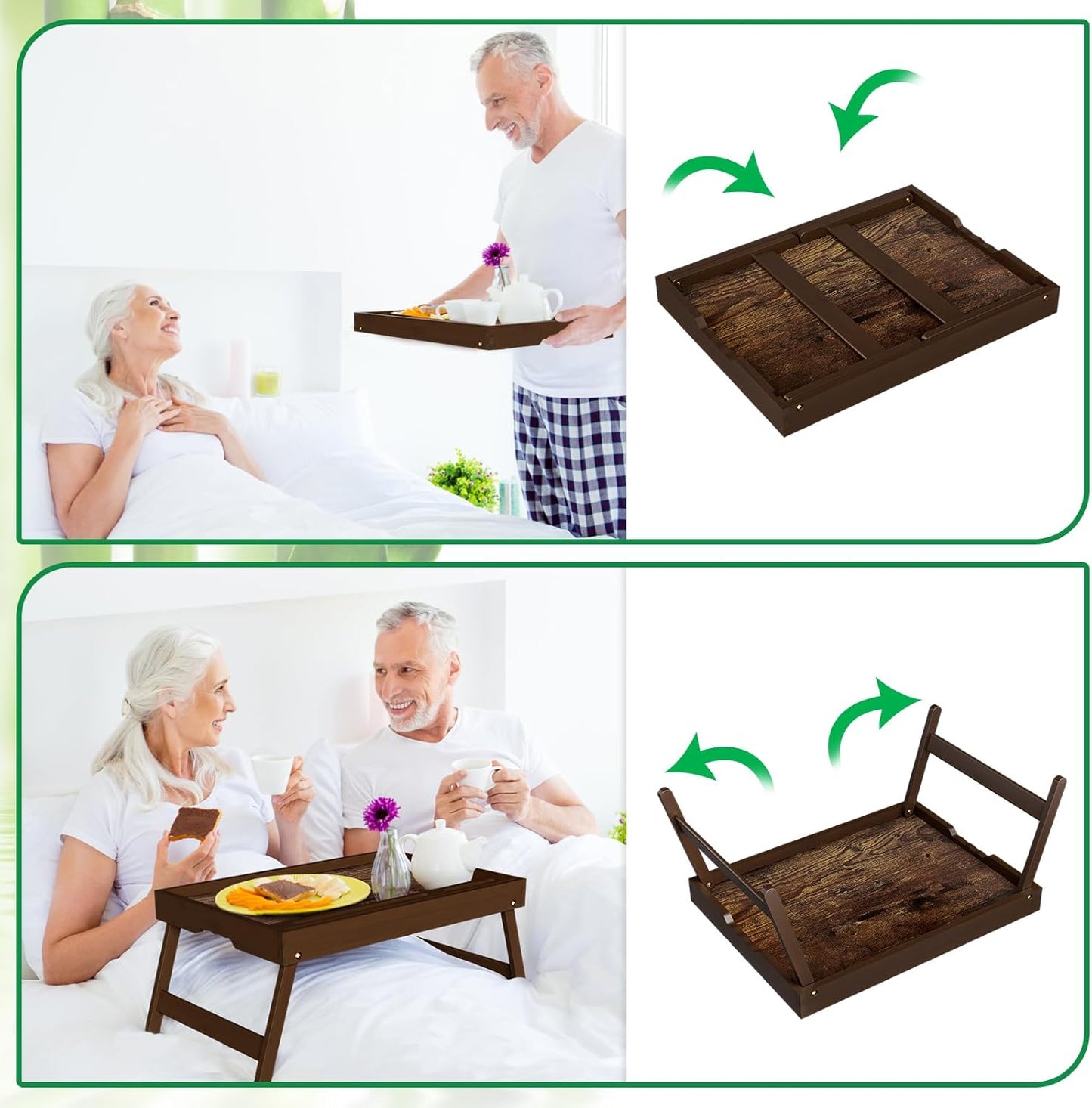 Bamboo Breakfast Tray with Foldable Legs & Detachable Stand | Ergonomic Handle | Portable Bed Tray for Eating, Working, Laptop, Tablet, and Phone（Vintage Walnut）