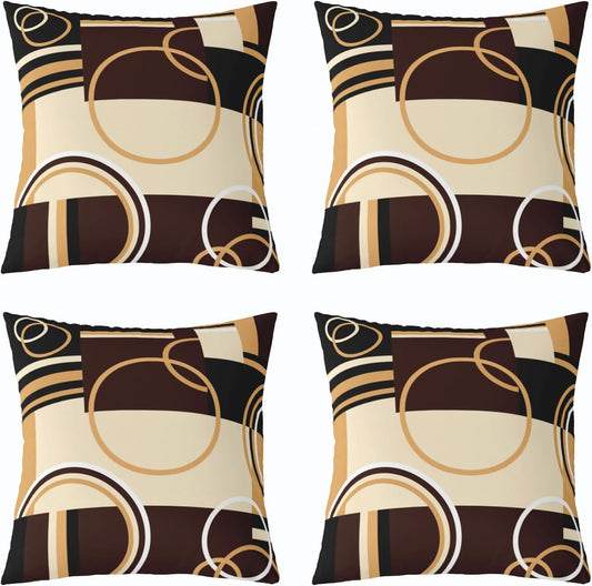 Modern Geometric Throw Pillow Covers 20x20 Set of 4 Brown Black Stripes Cushion Covers For Lumbar Support Bedroom Retro Circle Swirls Pillow Covers Abstract Texture Decorative Accent Pillow Cases