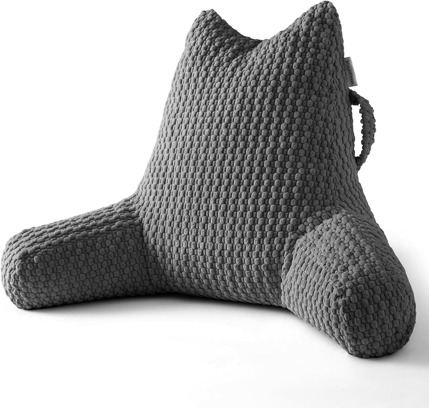 Reading Pillow, Backrest Pillow with Shredded Memory Foam, Back Support Cushion for Bed and Couch Sitting Up, Bed Pillow with Arms, Pockets and Washable Cover-Grey