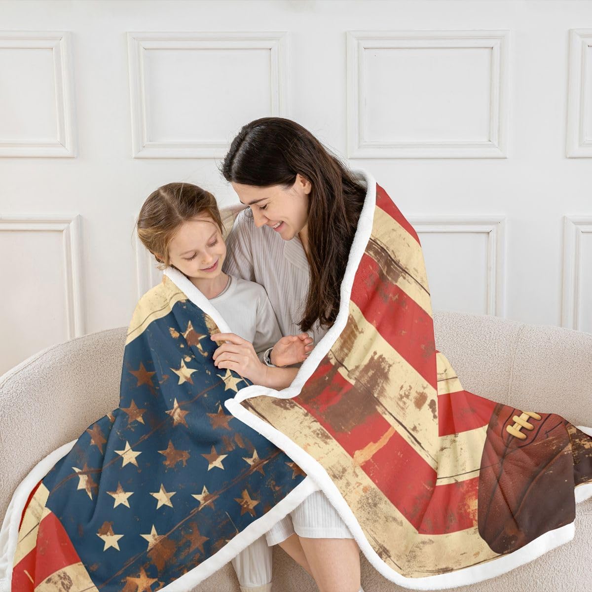 Feelyou Football Throw Blanket American Flag Print Soft Fleece Sherpa Cozy Fuzzy Plush Warm Faded Flag Texture Fuzzy Plush Throw Sports Twin 60"x80" Classic Rugby Design for Bed Couch Living Room