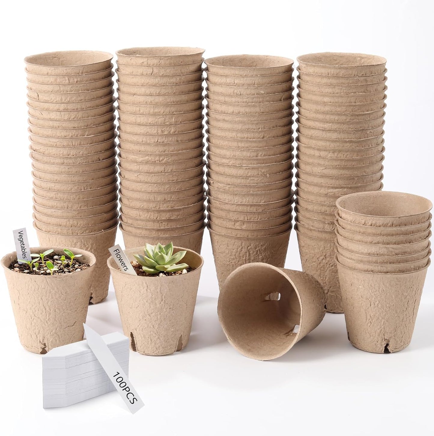 90-Pack 3.15 Inch Peat Pots for Seedlings with 100Plant Labels, Seed Starter Pots with Drainage Holes, Nursery Pots for Garden Planting