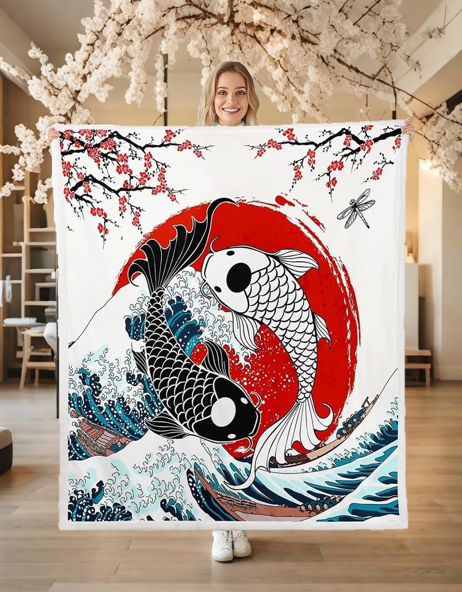 Japanese Ukiyoe Fish Throw Koi Toddler Fleece Blanket Kids Boys Adult Girls Japanese-Style Koi Animal Oriental Bedroom Decor