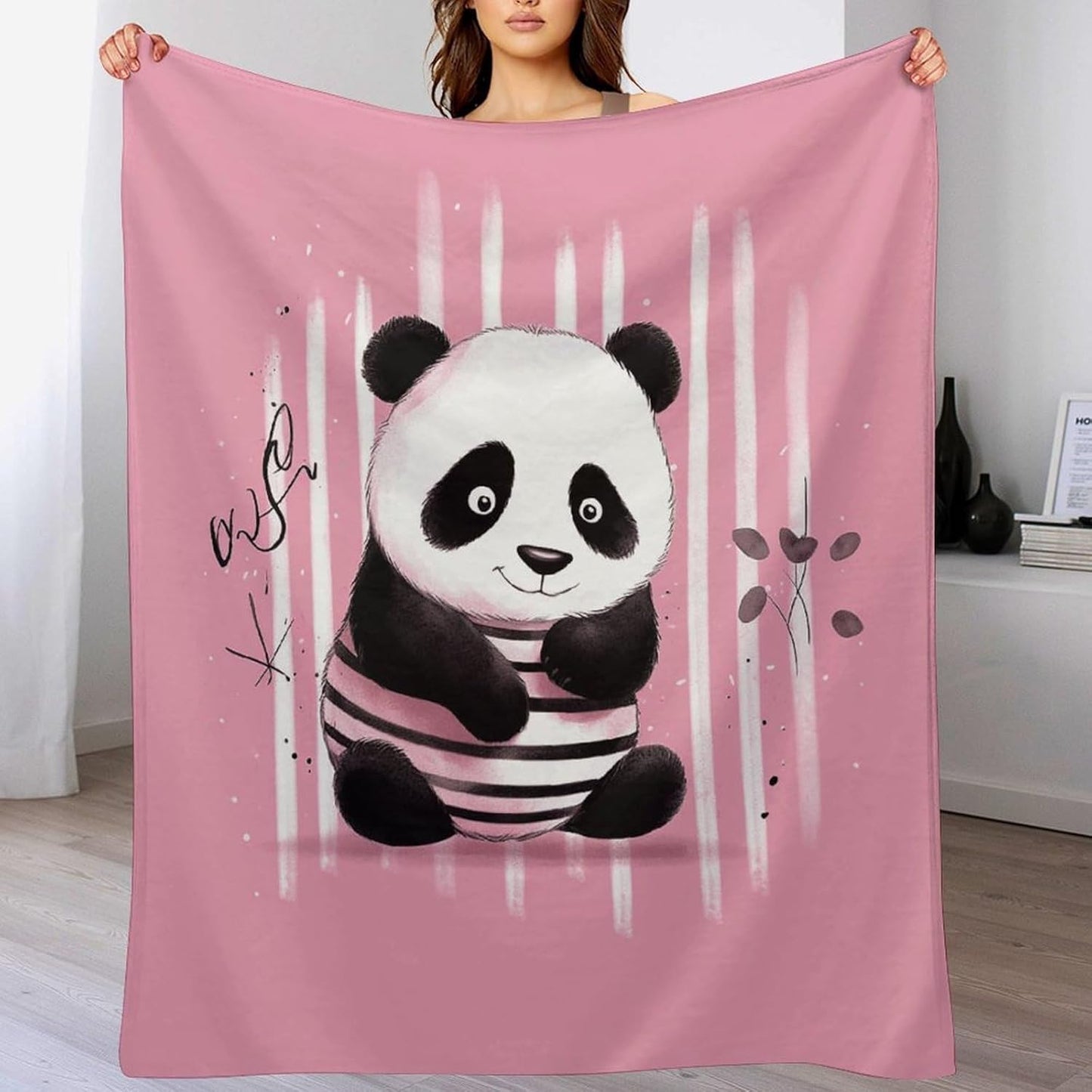 Pink Striped Panda Throw Blanket for Couch Super Soft Warm Lightweight Throw Blankets Cozy Flannel Bed Blanket Cute Decorative Blankets for All Seasons Home Decor Gift 30"*40"（76 * 100cm）