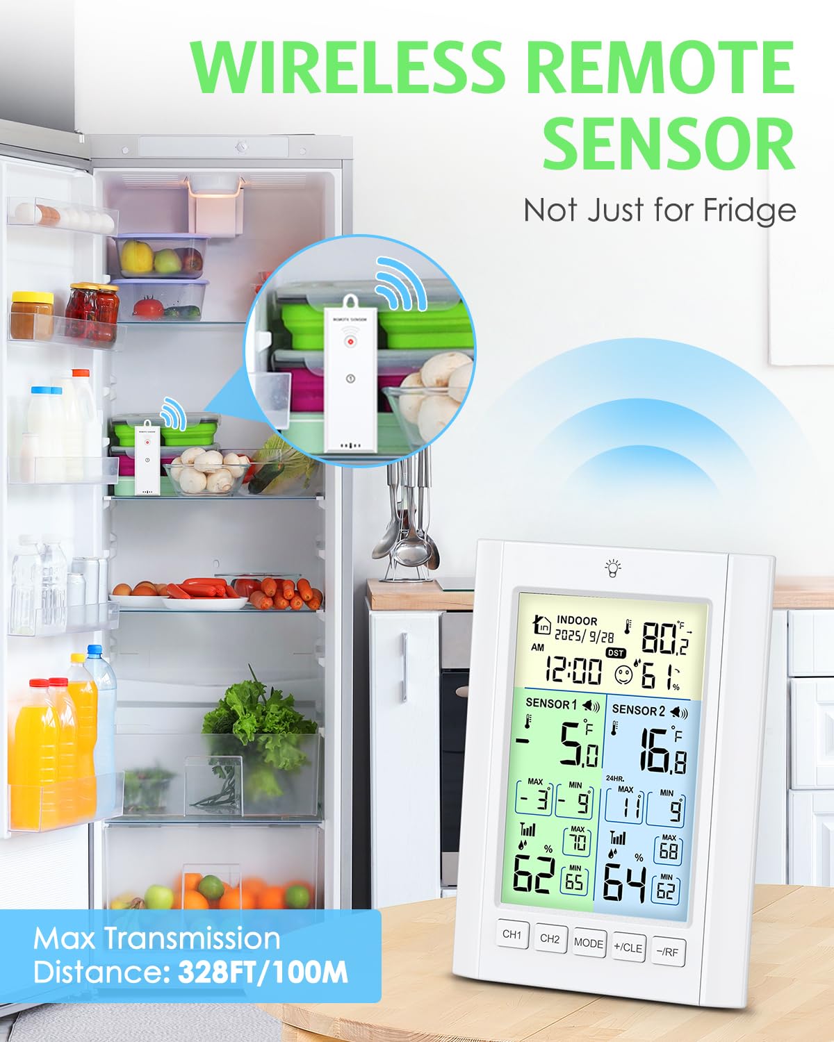 Wireless Freezer Thermometer with Alarm, Temracha Upgraded Digital Fridge Thermometer with Alert, Backlight, Rechargeable, MAX/MIN Record, Refrigerator Thermometer for Kitchen Home Restaurants