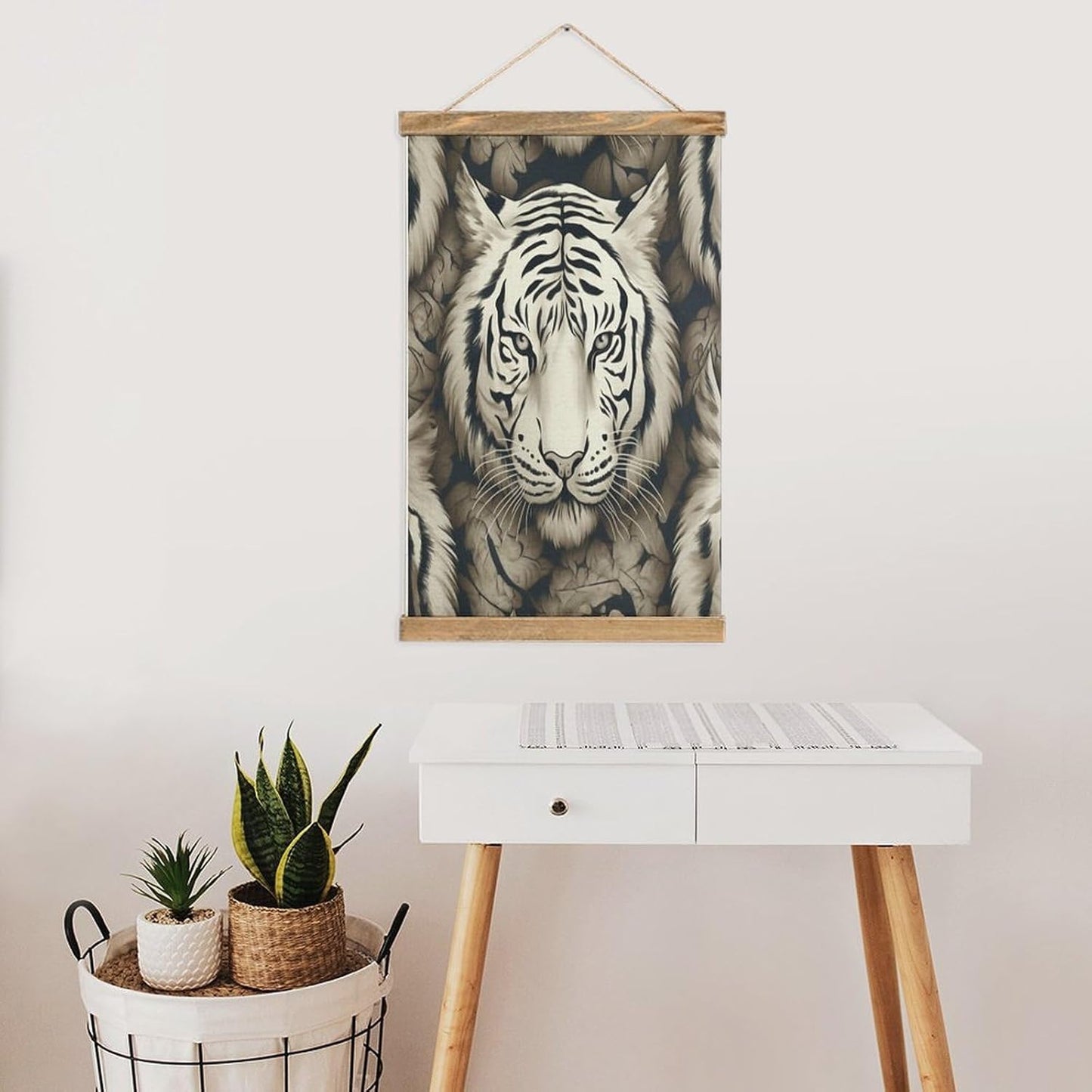 Vintage White Tiger Head Pattern Poster with Wooden Frame Personalized Linen Hanging Scroll Painting Rustic Wall Hanging Illustrative Modern Artwork Decor for Home Living Room Bedroom Office