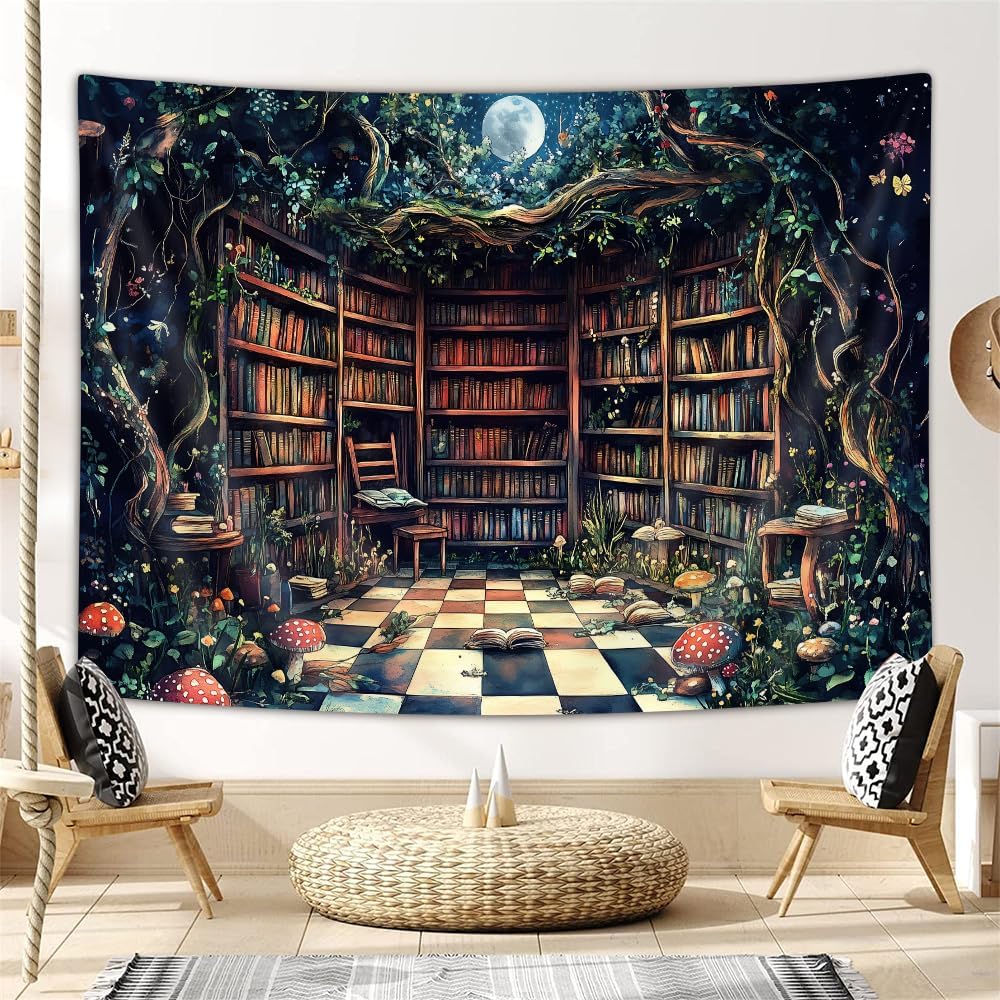 JAWO Fantasy Forest Tapestry Aesthetic, Witchy Fairy Mushroom Moon Vintage Library Nature Tapestry Wall Hanging for Bedroom, Dark Retro Magical Bookshelf Tapestries Poster Dorm Home Decor 90X70Inches