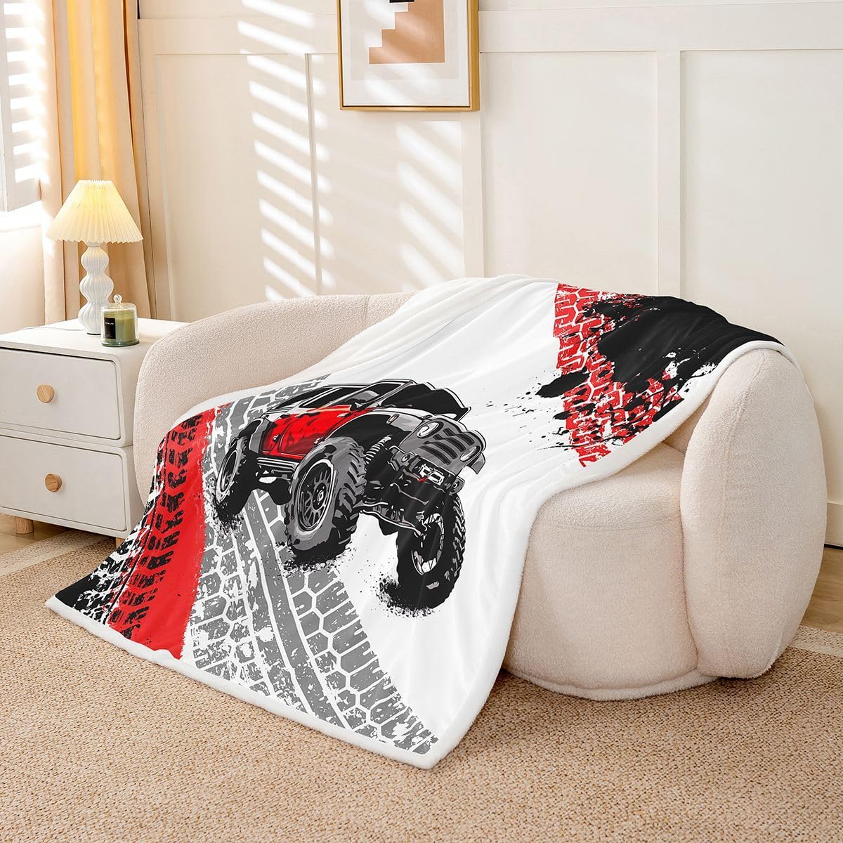 Feelyou Car Fleece Throw Blanket Throw 50"x60" Kids Offroad Vehicle Wheel Print Plush Sherpa Blanket Fuzzy for Boys Girls Teens Truck Print for Bed Couch Chair Racing Car Red Black