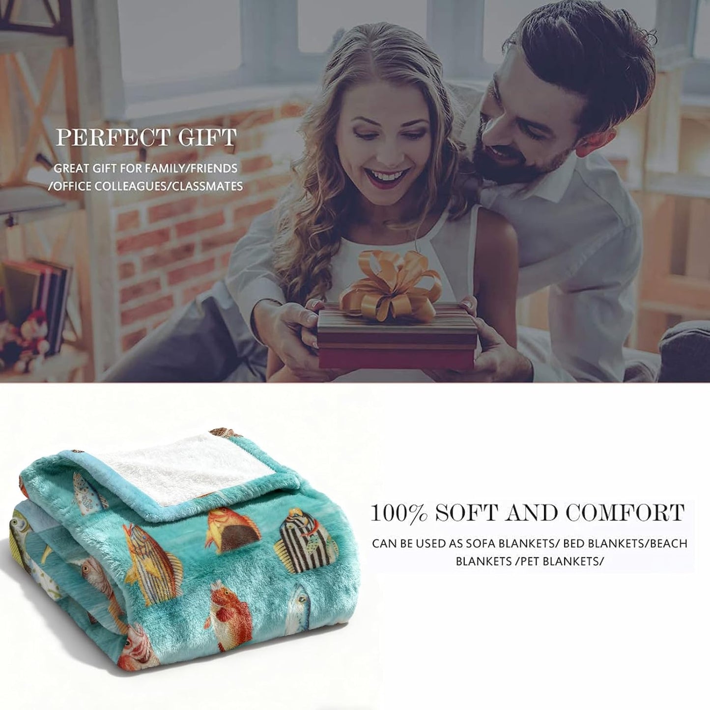 kampdream Surreal Fish Wave Flannel Blanket, Humanoid Standing Fish Art, Super Soft and Warm for Couch Sofa Living Room Ideal Gift for Friends Teal 50×60 inch