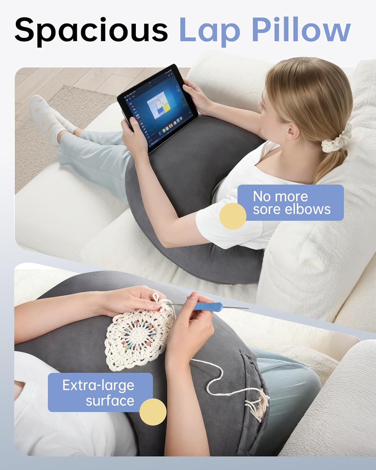 ENITYA Extra Large Ergonomic Gaming & Reading Pillow with Arm & Elbow Support – U-Shaped Lap Pillow for Adults & Kids Crocheting, Knitting, Nursing, or Working in Bed, Washable Suede Cover (Grey)