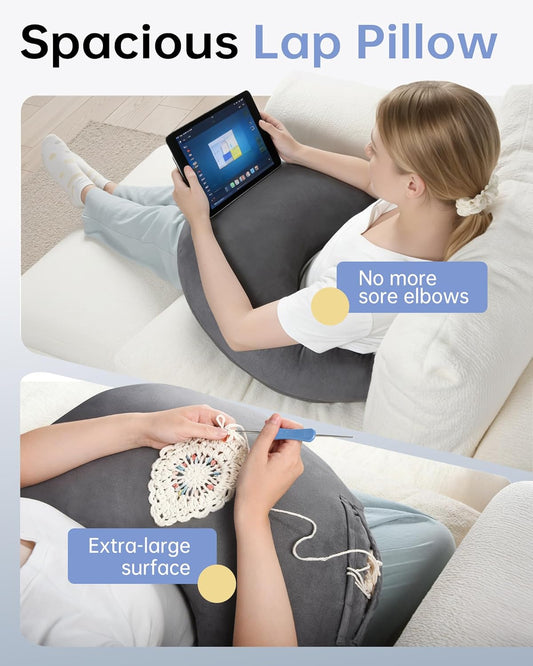 ENITYA Extra Large Ergonomic Gaming & Reading Pillow with Arm & Elbow Support – U-Shaped Lap Pillow for Adults & Kids Crocheting, Knitting, Nursing, or Working in Bed, Washable Suede Cover (Grey)