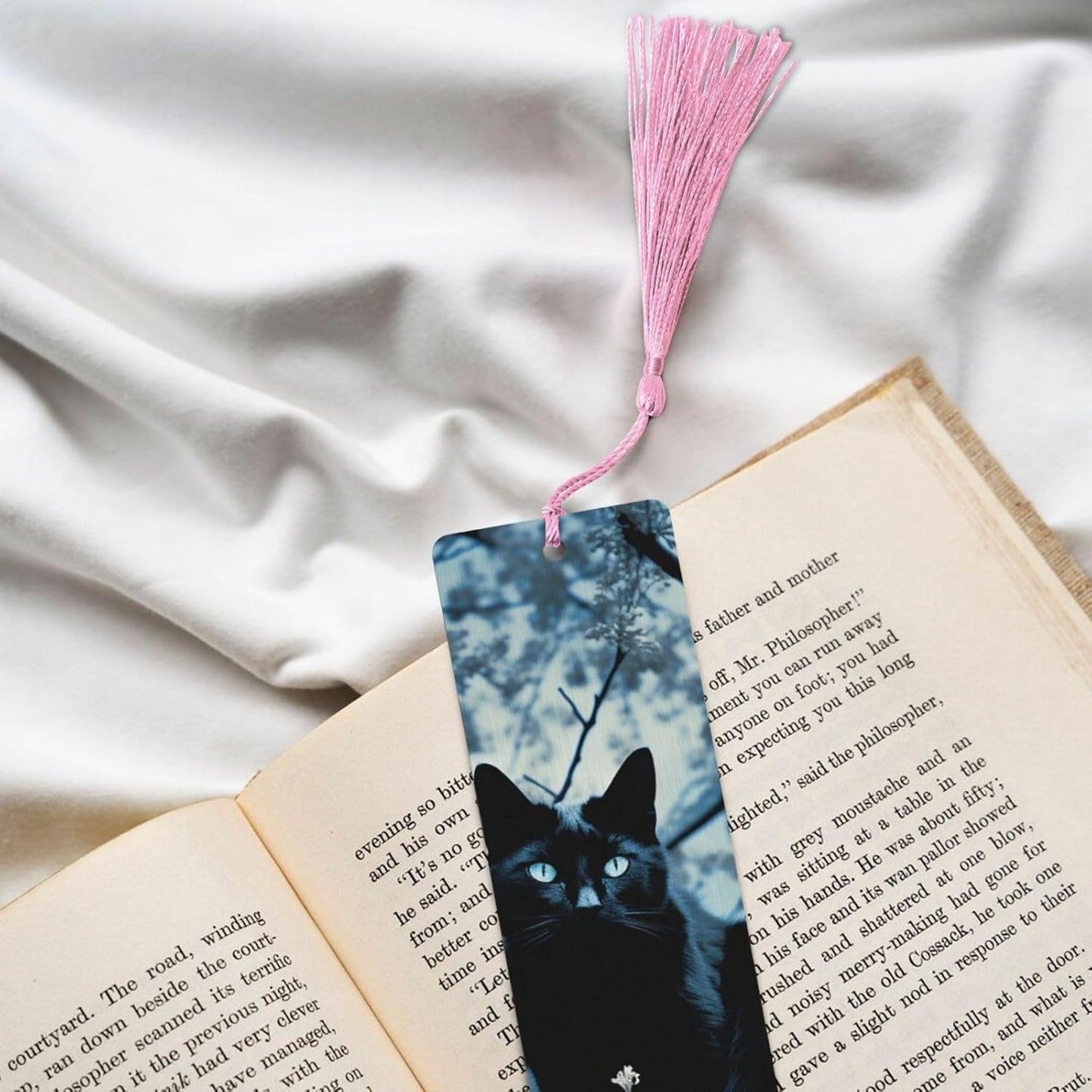 Black Cat on Tree Bookmarks Gifts for Women Men, Wooden Bookmarks for Book Lovers, Vintage Book Marks Ornaments with Tassel, Unique Personalized Reading Page Markers Pink